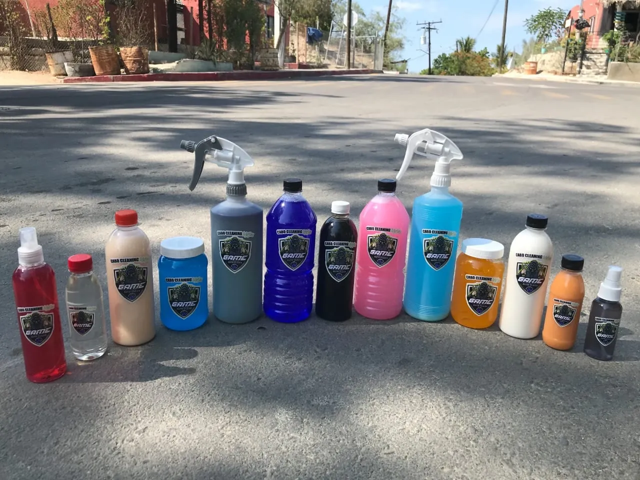Their own bottled line for vehicle detailing, lined up on the street