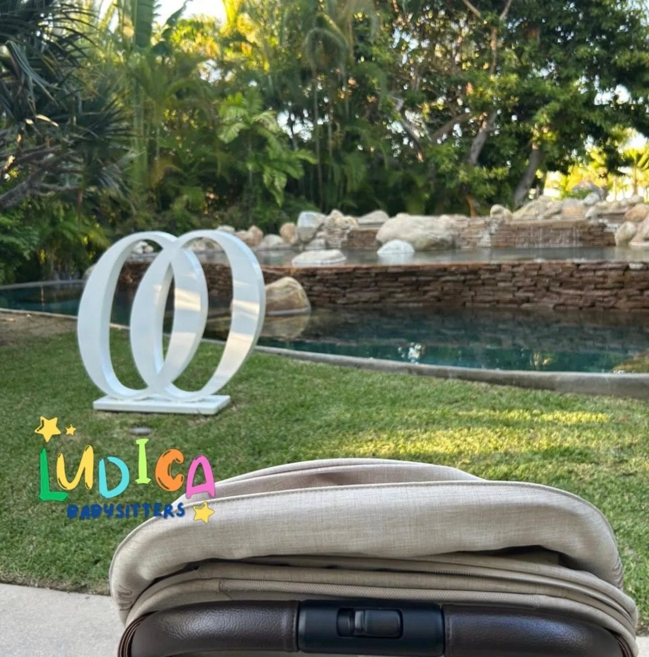 Their kit packed and waiting by a villa pool